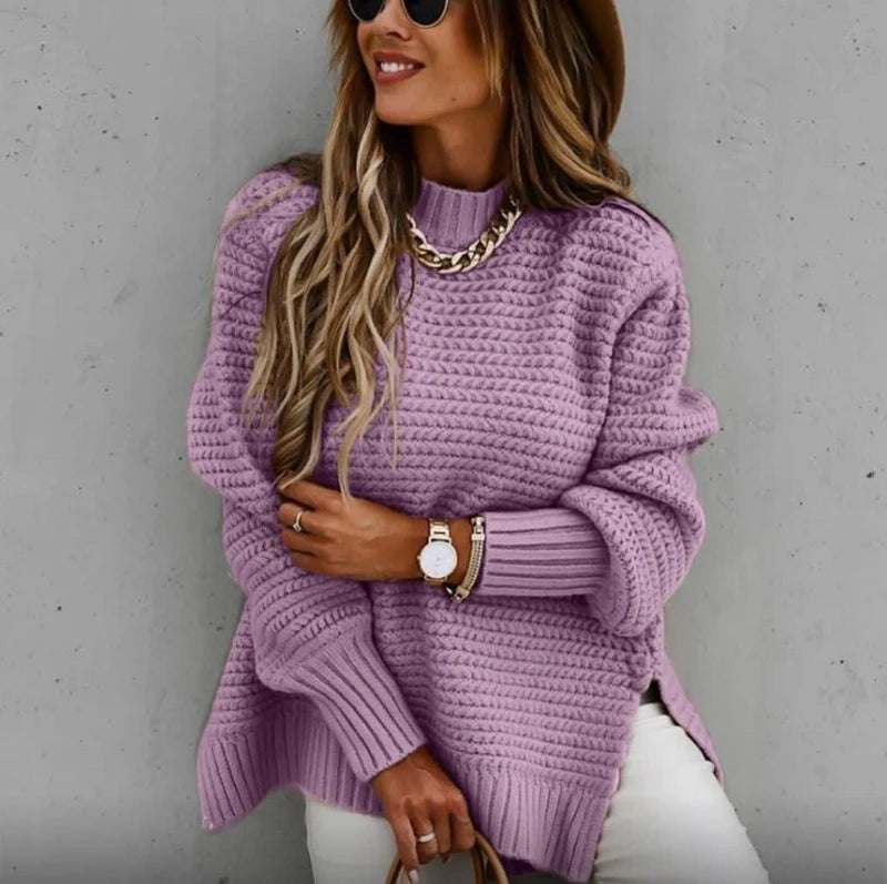 Fashionable Winter Knitted Sweater with Half Turtleneck, Side Split Design, and Loose Fit
