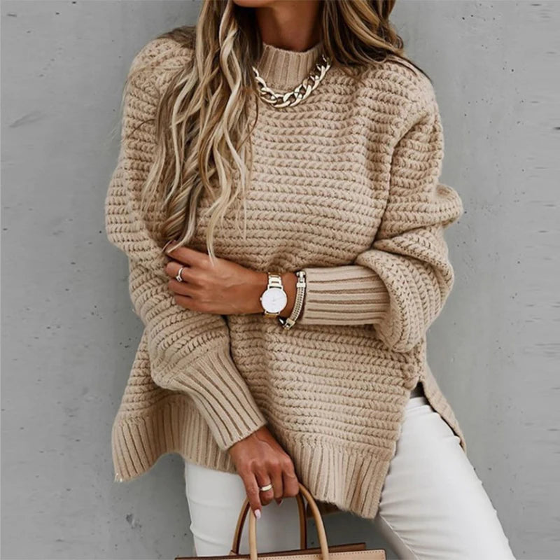 Fashionable Winter Knitted Sweater with Half Turtleneck, Side Split Design, and Loose Fit