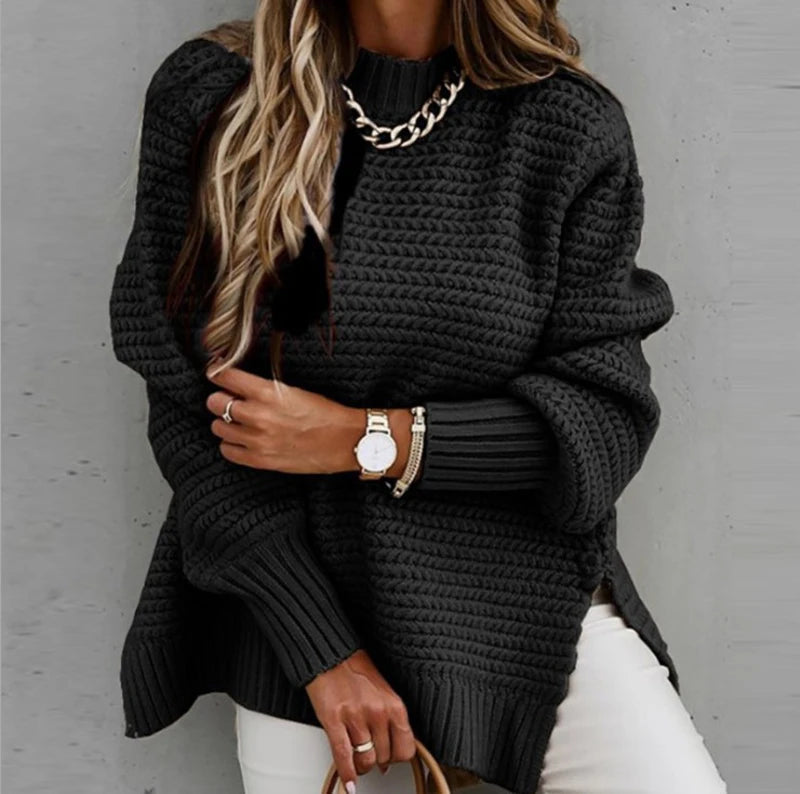 Fashionable Winter Knitted Sweater with Half Turtleneck, Side Split Design, and Loose Fit