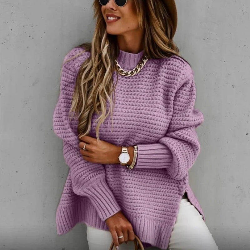Fashionable Winter Knitted Sweater with Half Turtleneck, Side Split Design, and Loose Fit