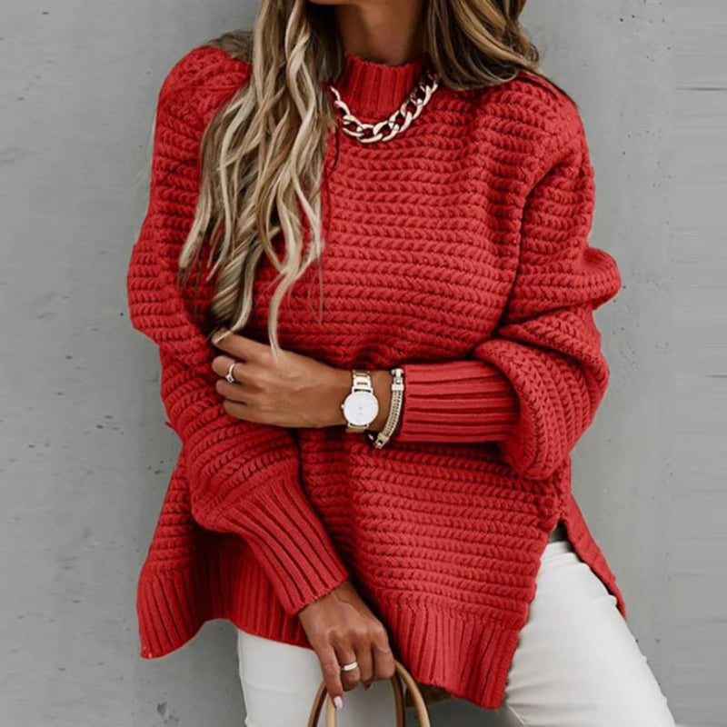 Fashionable Winter Knitted Sweater with Half Turtleneck, Side Split Design, and Loose Fit