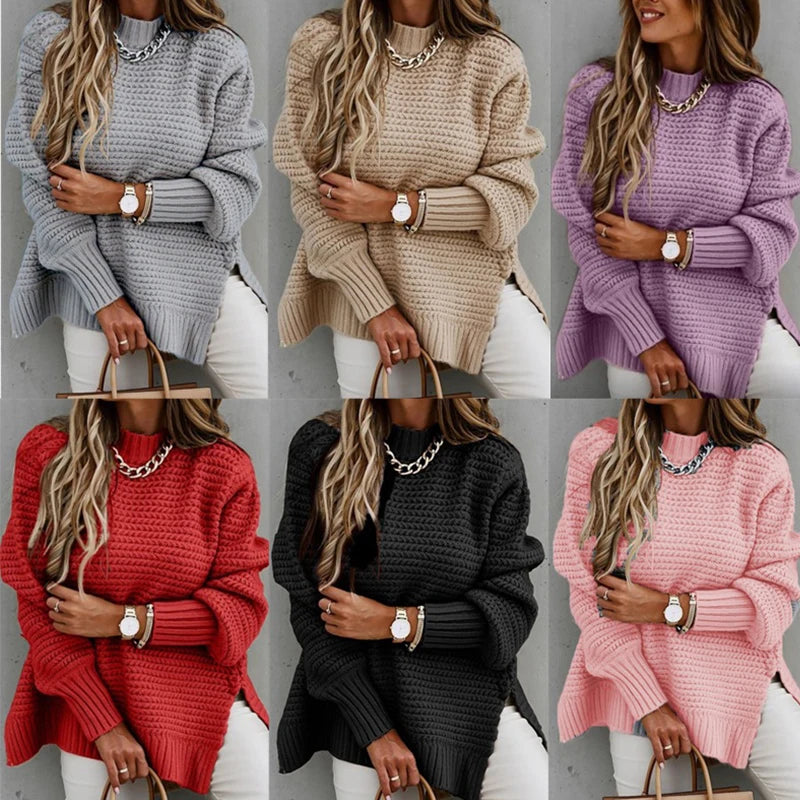 Fashionable Winter Knitted Sweater with Half Turtleneck, Side Split Design, and Loose Fit