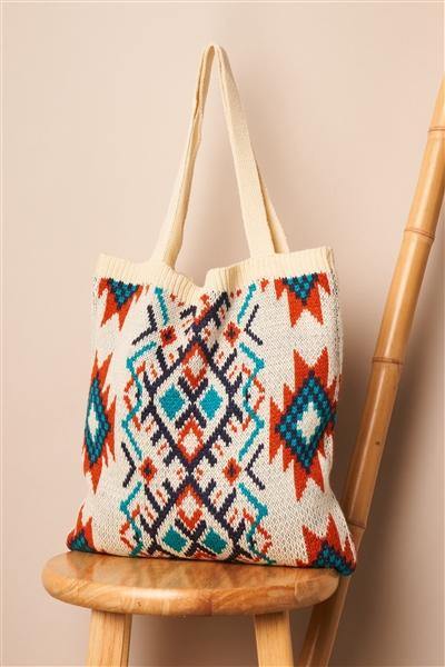 Ivory Orange Blue Tribal Print Knit Boho Tote Bag /1 Bag ** Free Shipping** - Simpleaholic