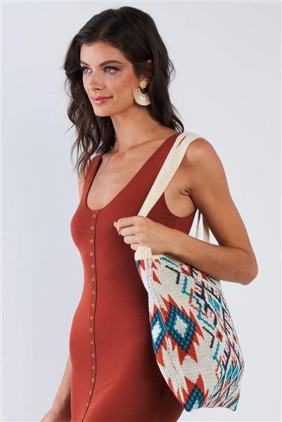 Ivory Orange Blue Tribal Print Knit Boho Tote Bag /1 Bag ** Free Shipping** - Simpleaholic