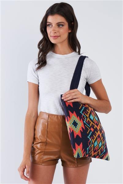 Navy Multi-Colored Tribal Print Knit Boho Tote Bag /1 Bag ** Free Shipping** - Simpleaholic