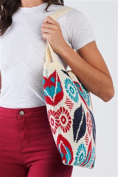 Ivory Abstract Leaf Pattern Knit Boho Tote Bag /1 Bag ** Free Shipping** - Simpleaholic
