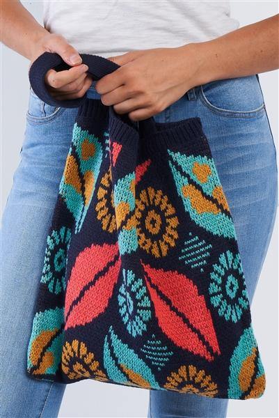 Navy Abstract Leaf Pattern Knit Boho Tote Bag /1 Bag ** Free Shipping** - Simpleaholic