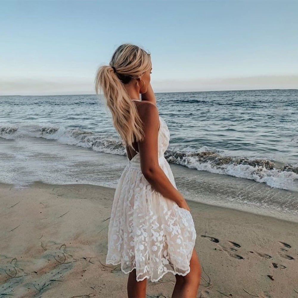 Lace V-neck open back dress long skirt