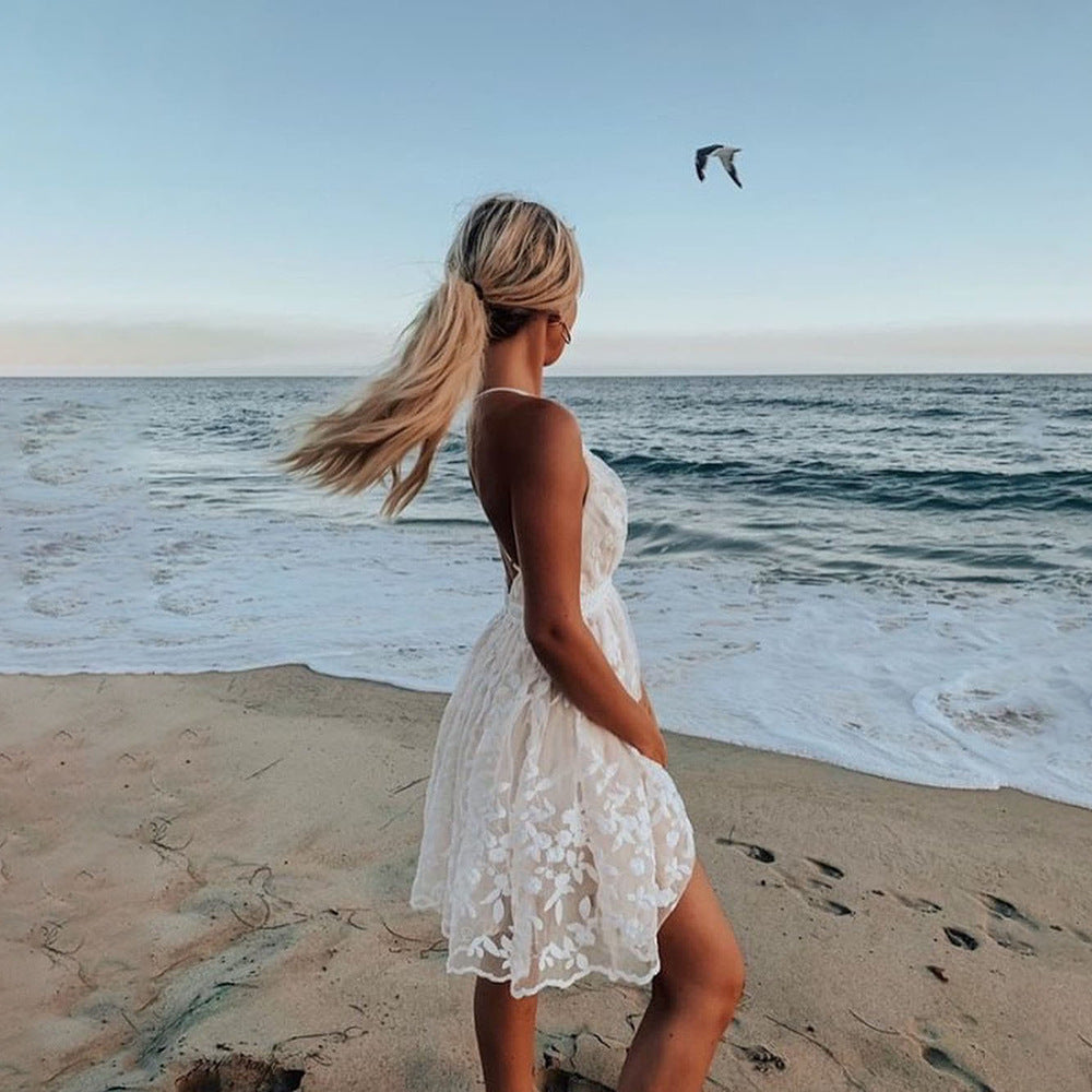 Lace V-neck open back dress long skirt