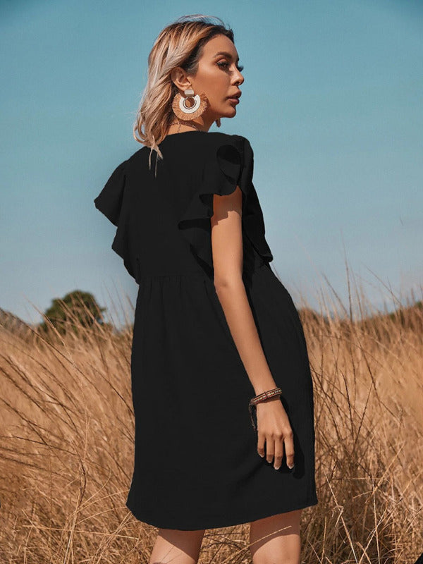 Women's woven V-neck button-up sleeve dress