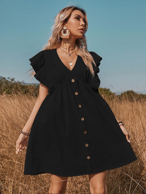 Women's woven V-neck button-up sleeve dress