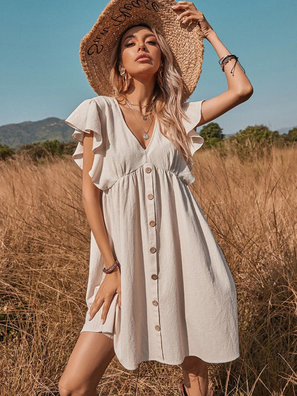 Women's woven V-neck button-up sleeve dress
