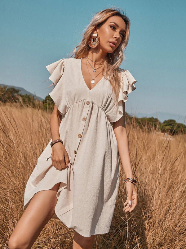 Women's woven V-neck button-up sleeve dress