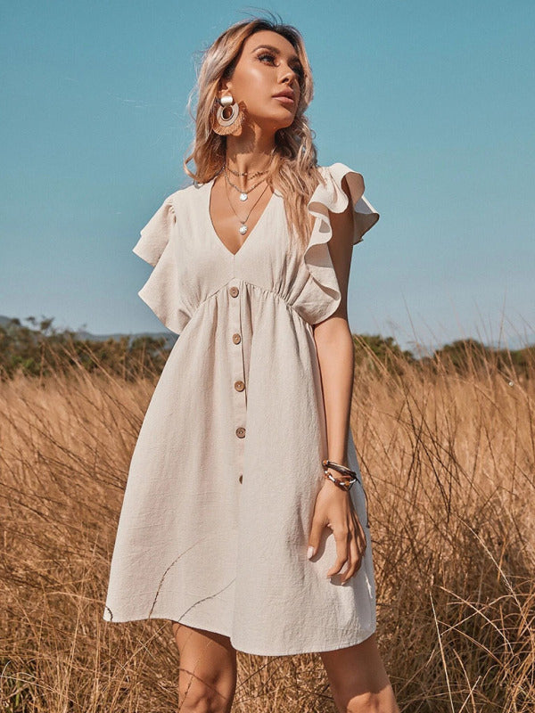 Women's woven V-neck button-up sleeve dress