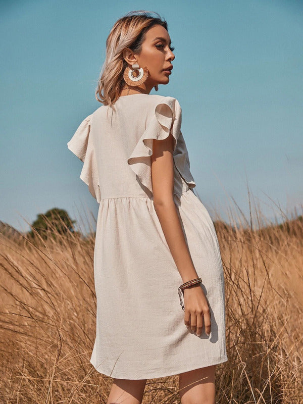 Women's woven V-neck button-up sleeve dress