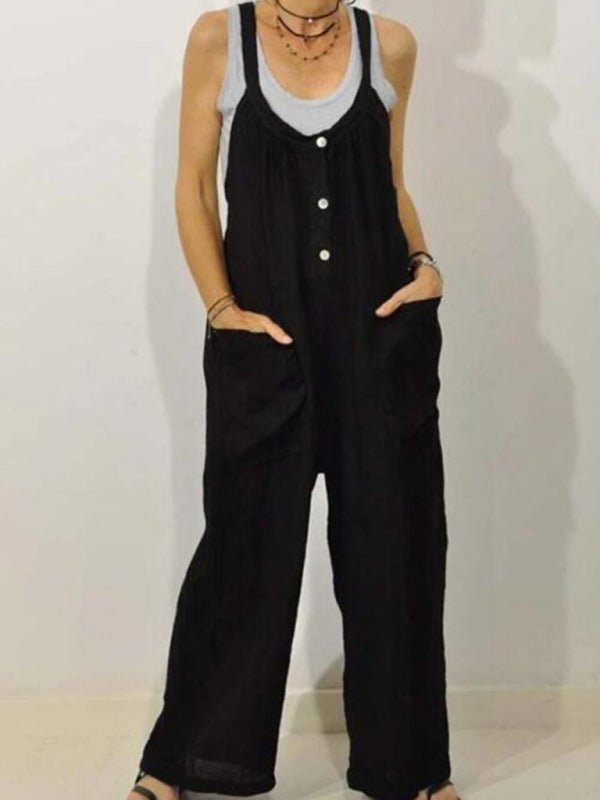 Cotton Linen Overalls Pocket Solid Jumpsuit