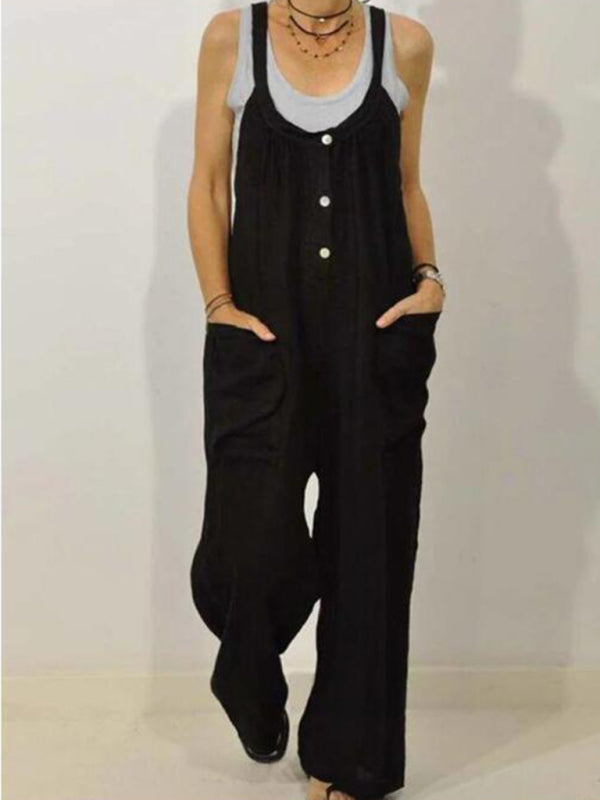 Cotton Linen Overalls Pocket Solid Jumpsuit