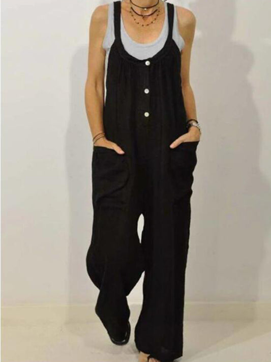 Cotton Linen Overalls Pocket Solid  Jumpsuit