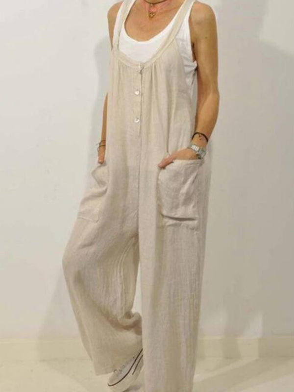 Cotton Linen Overalls Pocket Solid Jumpsuit