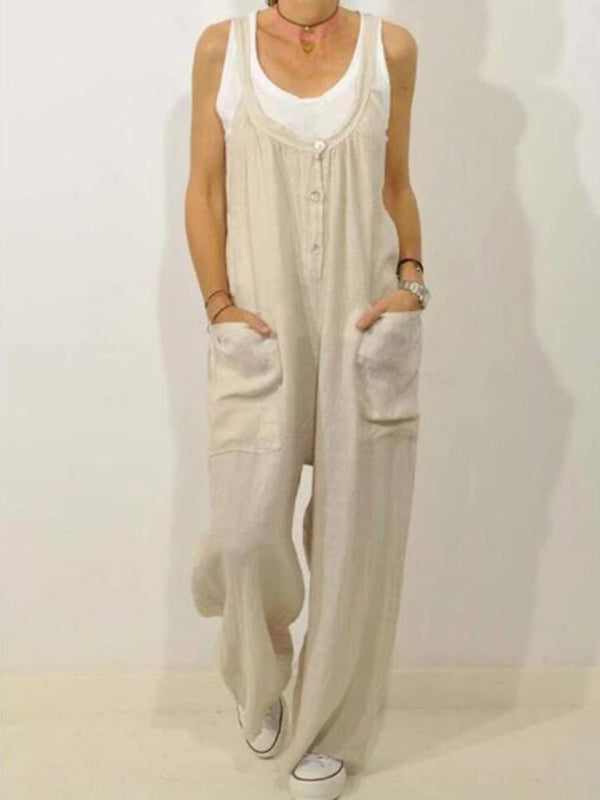 Cotton Linen Overalls Pocket Solid Jumpsuit