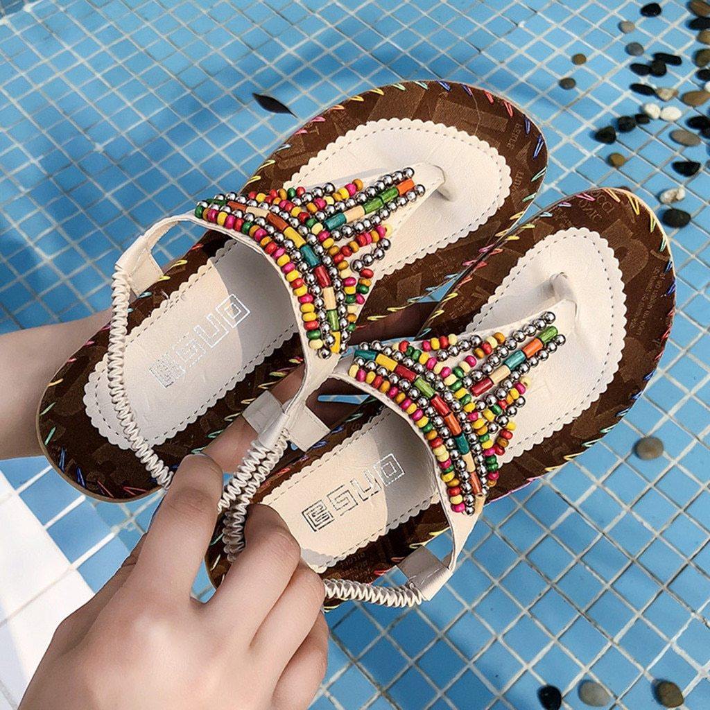 Women Sandals Ladies String Bead Casual Beach Summer Flat Platform T-strap Flip Flops Beach Shoes Outdoor - Simpleaholic