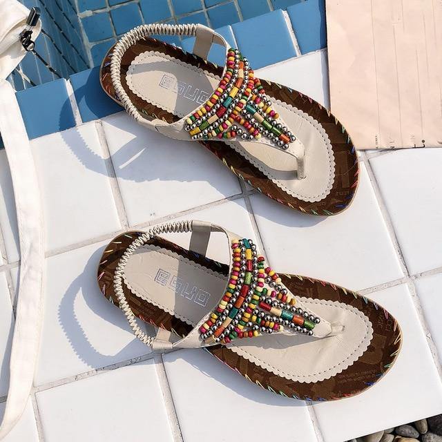Women Sandals Ladies String Bead Casual Beach Summer Flat Platform T-strap Flip Flops Beach Shoes Outdoor - Simpleaholic