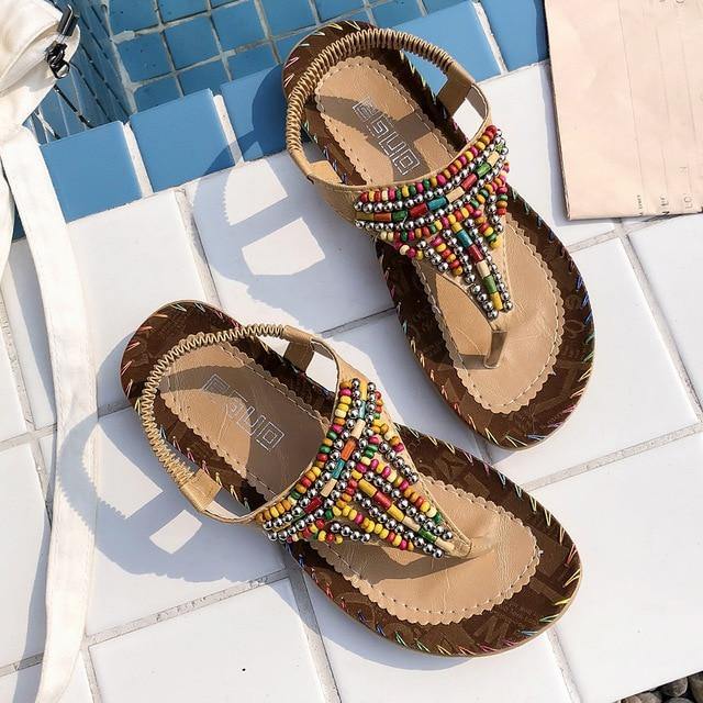 Women Sandals Ladies String Bead Casual Beach Summer Flat Platform T-strap Flip Flops Beach Shoes Outdoor - Simpleaholic