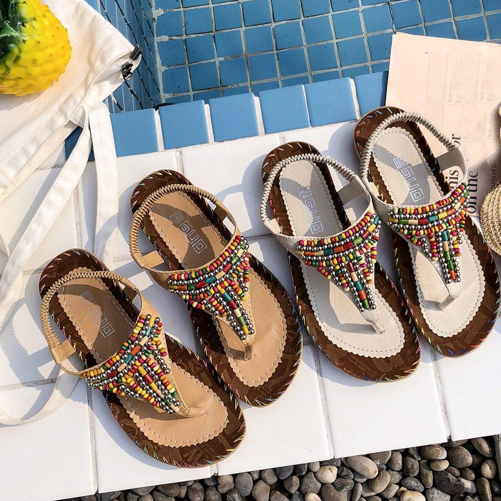 Women Sandals Ladies String Bead Casual Beach Summer Flat Platform T-strap Flip Flops Beach Shoes Outdoor - Simpleaholic