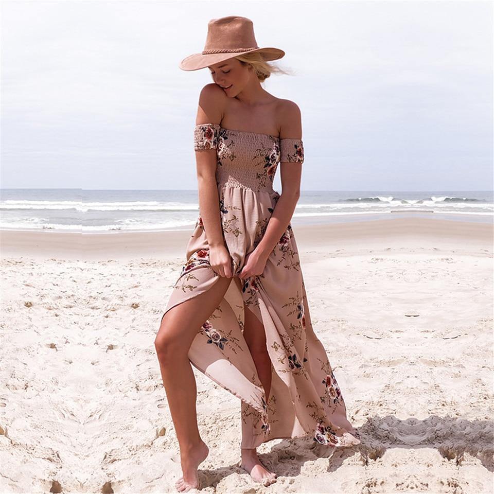 Summer Chiffon Dress Women Casual Off Shoulder Boho Style Floral Print Long Dress Maxi Dress Vestidos - Simpleaholic