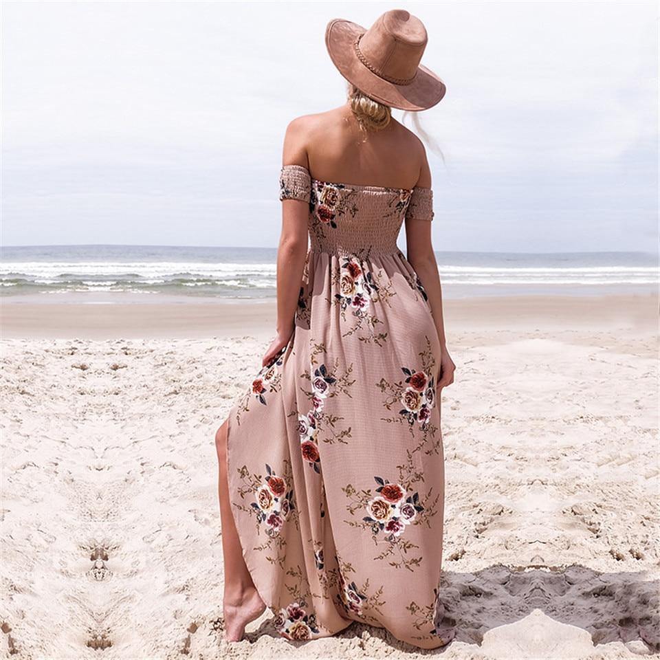 Summer Chiffon Dress Women Casual Off Shoulder Boho Style Floral Print Long Dress Maxi Dress Vestidos - Simpleaholic