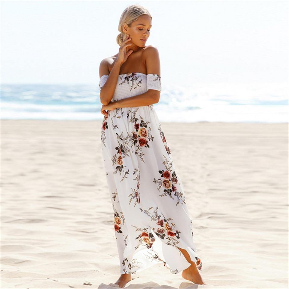 Summer Chiffon Dress Women Casual Off Shoulder Boho Style Floral Print Long Dress Maxi Dress Vestidos - Simpleaholic