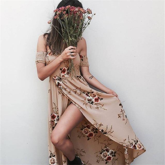 Summer Chiffon Dress Women Casual Off Shoulder Boho Style Floral Print Long Dress Maxi Dress Vestidos - Simpleaholic