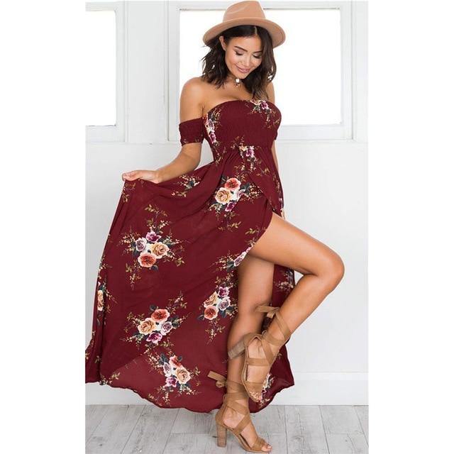 Summer Chiffon Dress Women Casual Off Shoulder Boho Style Floral Print Long Dress Maxi Dress Vestidos - Simpleaholic