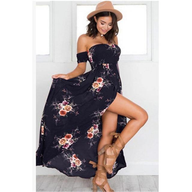 Summer Chiffon Dress Women Casual Off Shoulder Boho Style Floral Print Long Dress Maxi Dress Vestidos - Simpleaholic