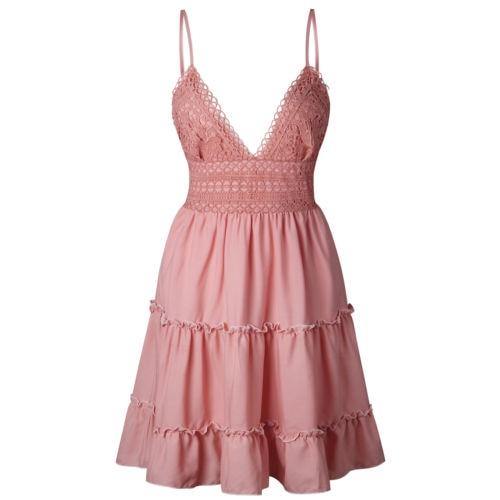 Boho Summer Dress Women Sexy Strappy Lace White Mini Dresses Female Ladies Beach V Neck Party Sundress Black Yellow Pink - Simpleaholic