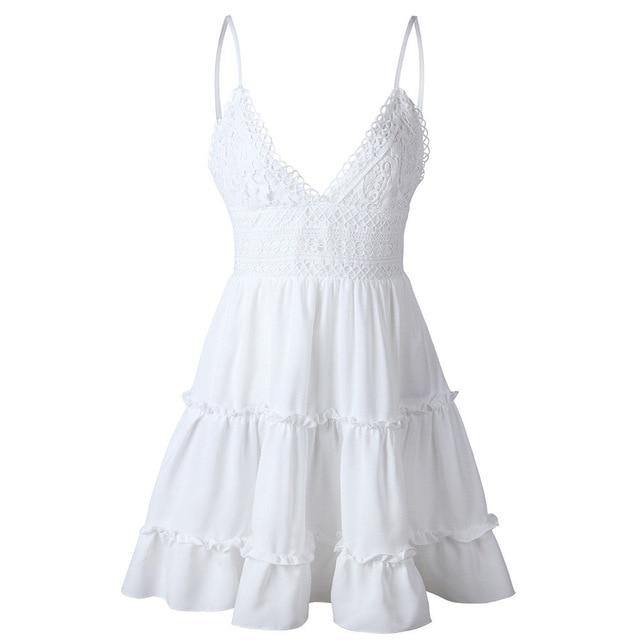Boho Summer Dress Women Sexy Strappy Lace White Mini Dresses Female Ladies Beach V Neck Party Sundress Black Yellow Pink - Simpleaholic