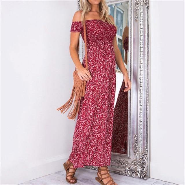 Summer Chiffon Dress Women Casual Off Shoulder Boho Style Floral Print Long Dress Maxi Dress Vestidos - Simpleaholic