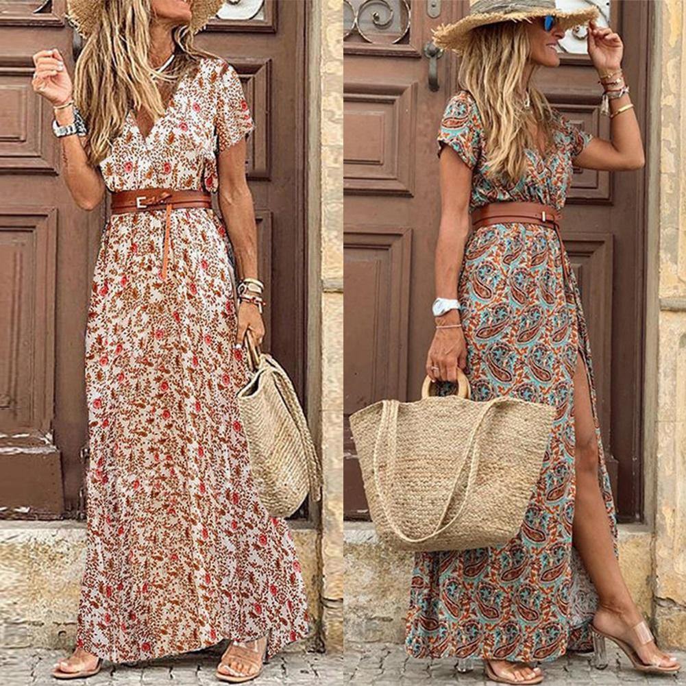Boho Women V Neck Short Sleeve Paisley Print Belt Large Hem summer beach dress with belt - Simpleaholic