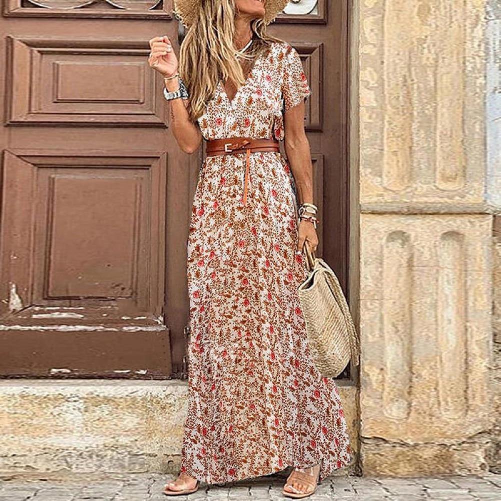 Boho Women V Neck Short Sleeve Paisley Print Belt Large Hem summer beach dress with belt - Simpleaholic