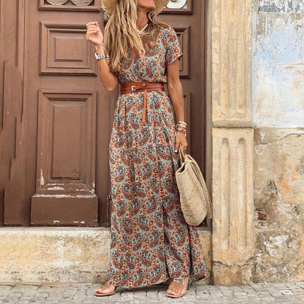 Boho Women V Neck Short Sleeve Paisley Print Belt Large Hem summer beach dress with belt - Simpleaholic