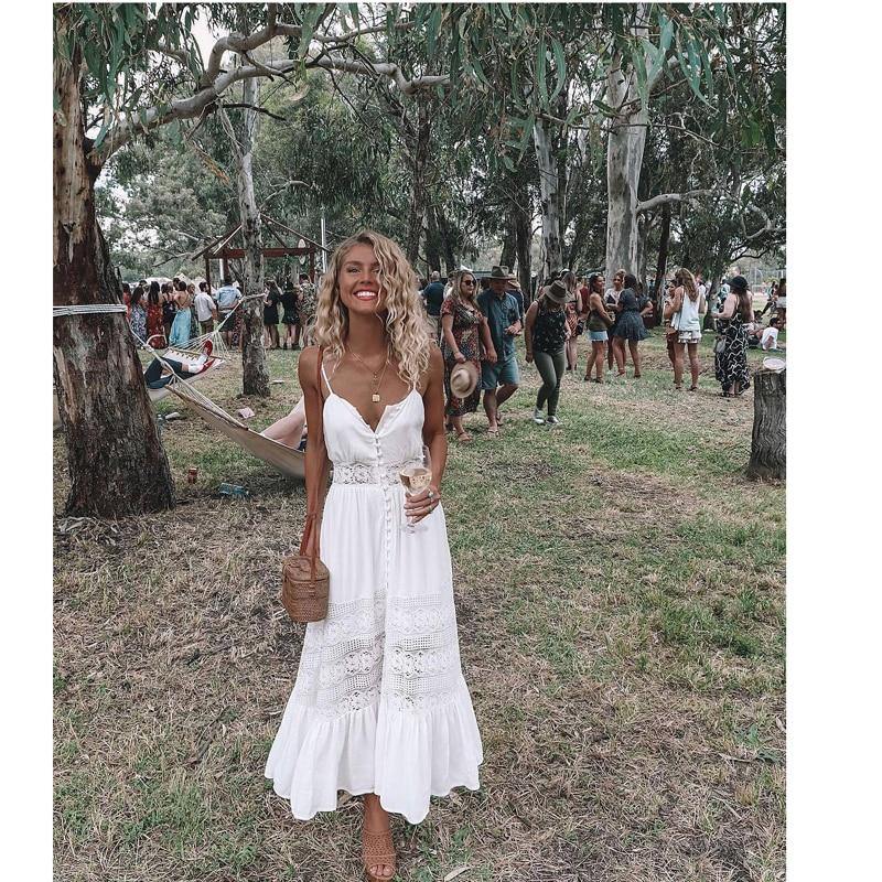 Women Dress Lace Fashion Boho Long Maxi Summer Sexy V-Neck Ladies Sleeveless White Beachdress - Simpleaholic