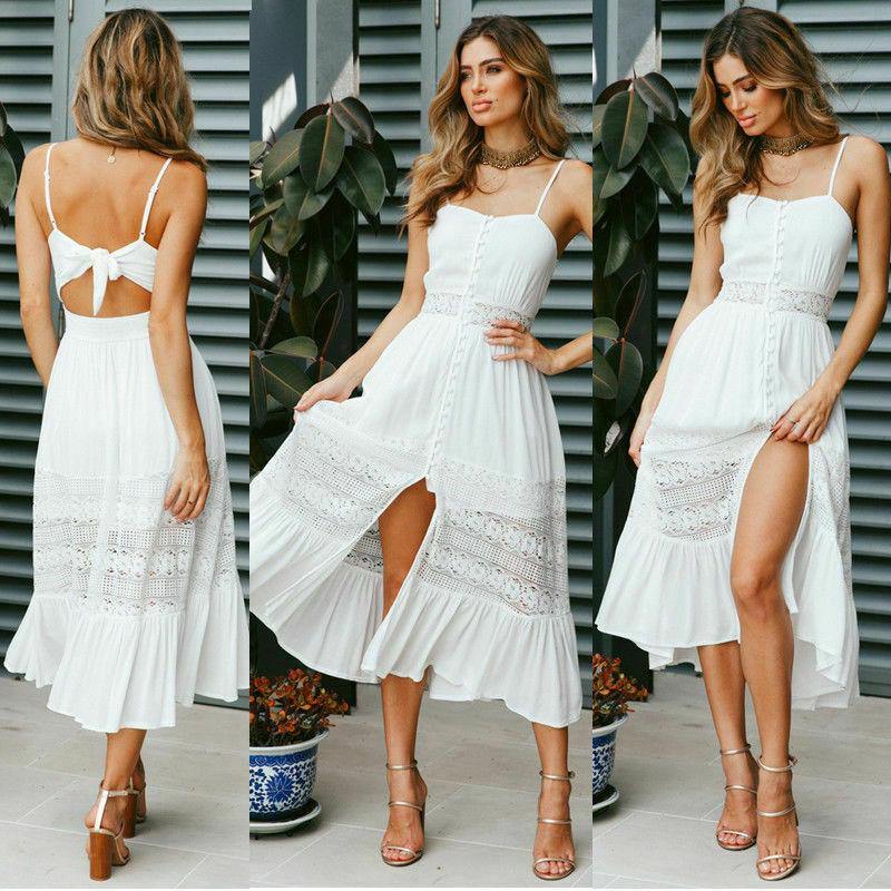Women Dress Lace Fashion Boho Long Maxi Summer Sexy V-Neck Ladies Sleeveless White Beachdress - Simpleaholic