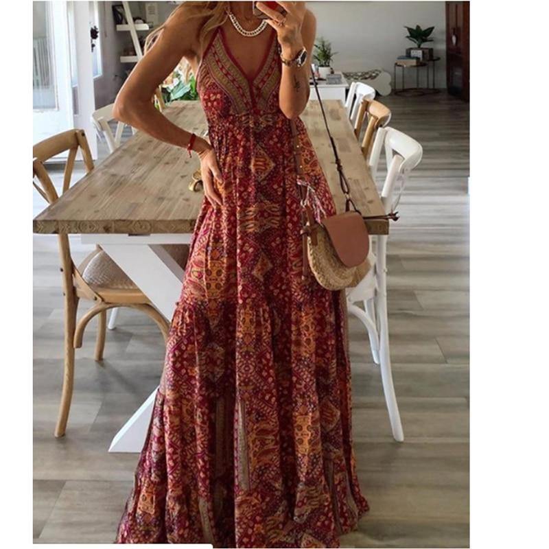 Simpleaholic product_description 2021 Women Dress Boho Vintage Sundress Maxi Floral Print Midi Sleeveless Deep V-Neck Loose High Waist Summer Beach Clothes .