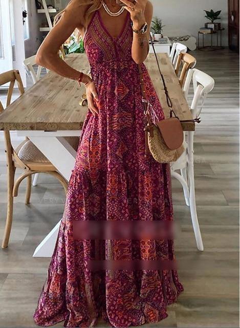 Simpleaholic product_description 2021 Women Dress Boho Vintage Sundress Maxi Floral Print Midi Sleeveless Deep V-Neck Loose High Waist Summer Beach Clothes .