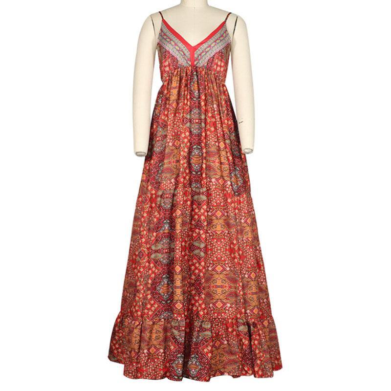 Simpleaholic product_description 2021 Women Dress Boho Vintage Sundress Maxi Floral Print Midi Sleeveless Deep V-Neck Loose High Waist Summer Beach Clothes .