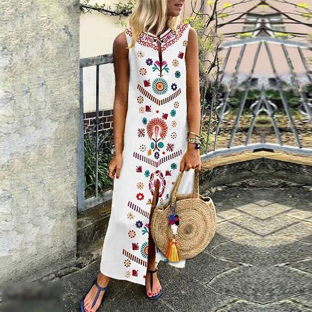 Women Dress Boho Floral Print Sleeveless Summer Party Long Maxi Elegant Lady Holdiay Beach Sundress Split Female Clothing - Simpleaholic