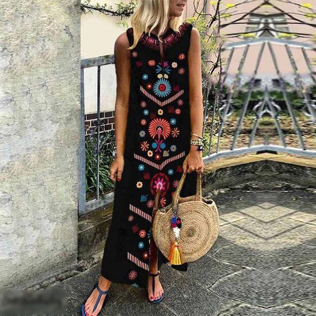 Women Dress Boho Floral Print Sleeveless Summer Party Long Maxi Elegant Lady Holdiay Beach Sundress Split Female Clothing - Simpleaholic