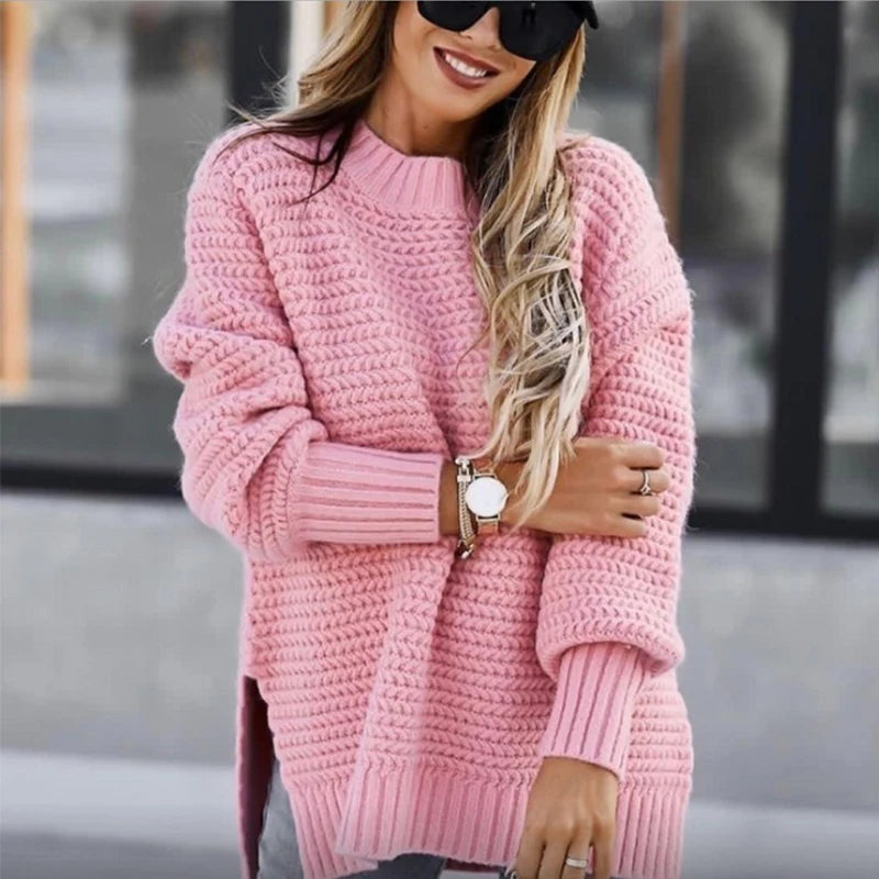Fashionable Winter Knitted Sweater with Half Turtleneck, Side Split Design, and Loose Fit