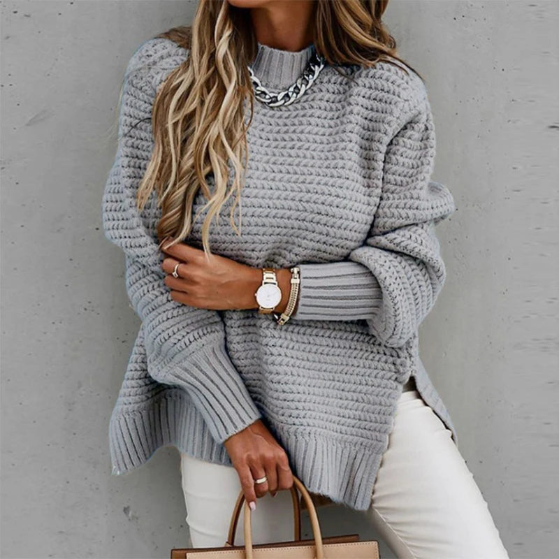 Fashionable Winter Knitted Sweater with Half Turtleneck, Side Split Design, and Loose Fit