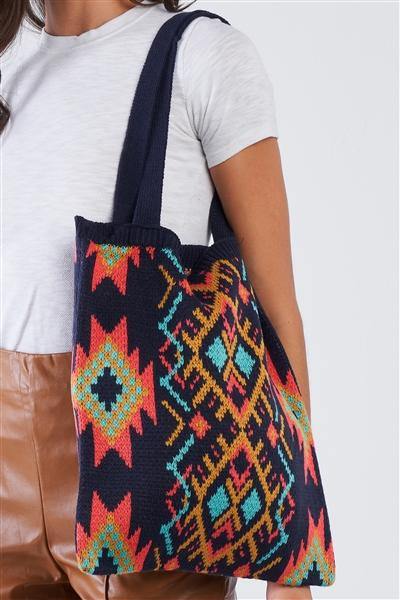 Navy Multi-Colored Tribal Print Knit Boho Tote Bag /1 Bag ** Free Shipping** - Simpleaholic